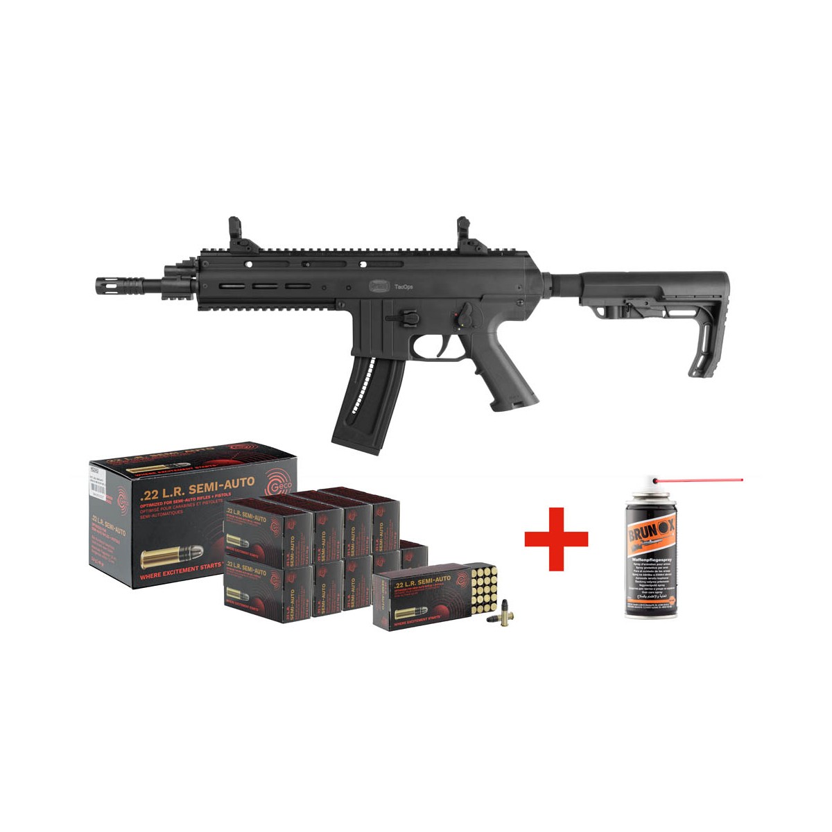 PACK CARABINE MAUSER M15 TAC OP BLACK CAL 22LR + 500 CARTOUCHES GECO + BRUNOX PACK CARABINE MAUSER M15 TAC OP BLACK CAL 22LR + 500 CARTOUCHES GECO + BRUNOX