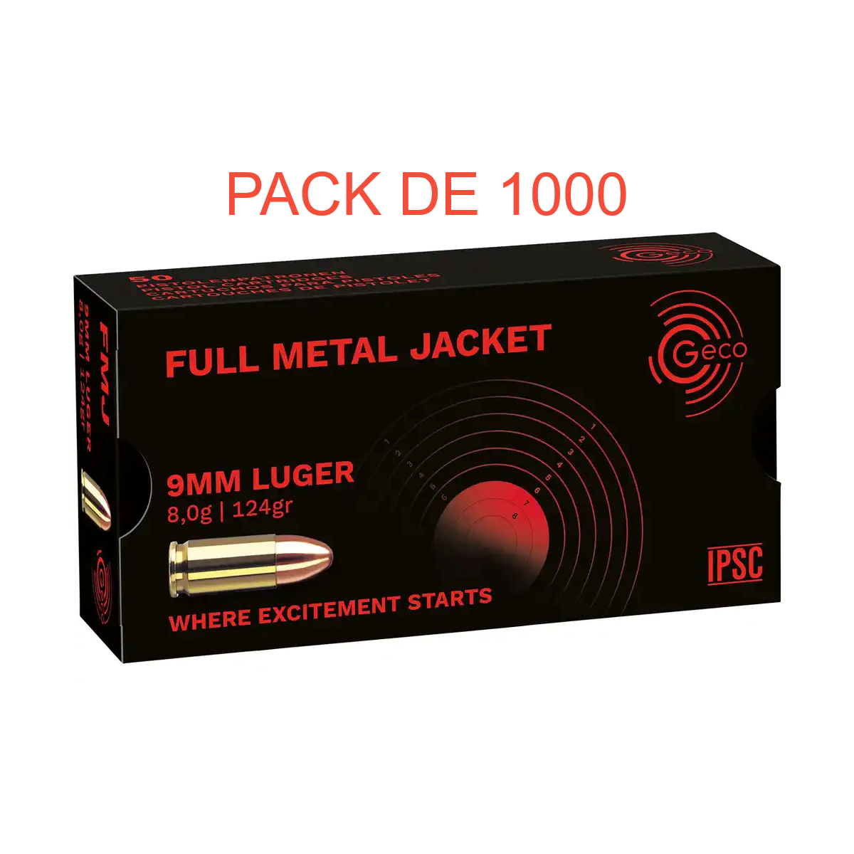 CARTOUCHES GECO 9X19 FMJ 124GRS PACK DE 1000 CARTOUCHES GECO 9X19 FMJ 124GRS PACK DE 1000