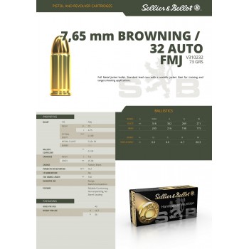 Cartouches Sellier Bellot cal 7.65 Browning / 32 auto 73gr FMJ X50